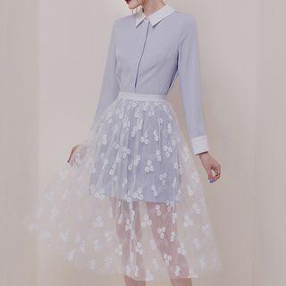 Set: Long-sleeve Mini Shirtdress + Midi Embroidered Mesh Skirt