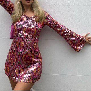 Bell-sleeve Marble Print Foil Dotted Mini Sheath Dress