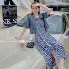 Set: Short-sleeve Denim Jacket + Spaghetti-strap Floral Dress