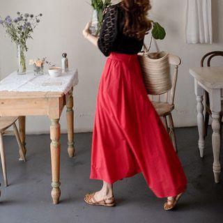Band-waist A-line Maxi Skirt Red - One Size