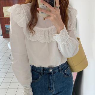 Round Neck Lace Trim Top White - One Size