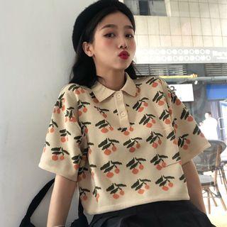 Tangerine Print Short-sleeve Polo Knit Top