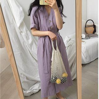Elbow-sleeve V-neck Buttoned Midi Dress With Sash