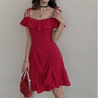 Cold-shoulder Ruffled Shirred A-line Dress