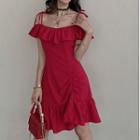 Cold-shoulder Ruffled Shirred A-line Dress