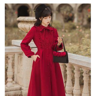 Long-sleeve Frill Trim Midi A-line Shirtdress