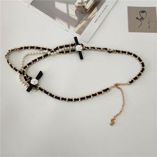 Faux Pearl Bow Accent Layered Chain Belt Silver - One Size