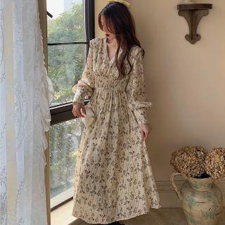 Long-sleeve Floral Print V-neck Midi A-line Dress Floral - One Size