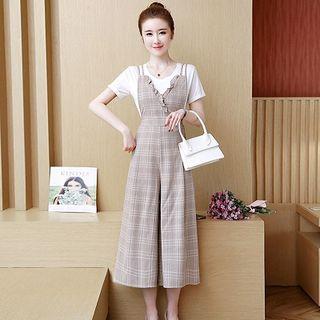 Set: Short-sleeve T-shirt + Sleeveless Plaid Wide-leg Jumpsuit