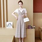 Set: Short-sleeve T-shirt + Sleeveless Plaid Wide-leg Jumpsuit