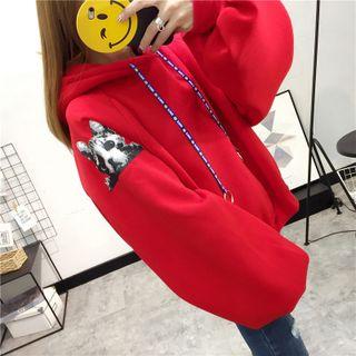 Cat Print Lettering Fleece-lined Hoodie