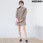 Mandarin-collar Plaid Mini Shirtdress