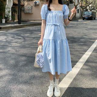 Short-sleeve Square-neck Tie-waist Dress As Shown In Figure - One Size