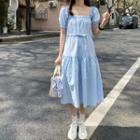 Short-sleeve Square-neck Tie-waist Dress As Shown In Figure - One Size