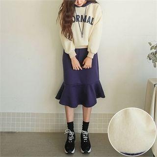 Set: Contrast-hood Lettering Hoodie + Midi Mermaid Skirt