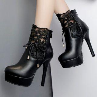 Lace Panel Platform Stiletto Heel Short Boots