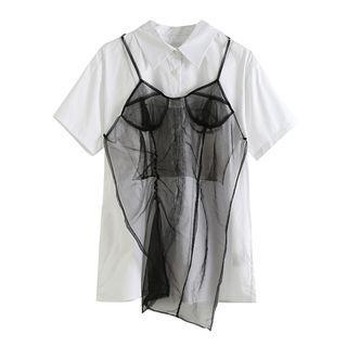 Set: Short-sleeve Shirt + Spaghetti Strap Mesh Top