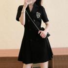 Short-sleeve Logo Embroidered Double-breasted Mini A-line Blazer Dress