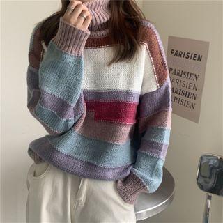 Turtleneck Color Panel Sweater Purple - One Size