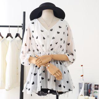 Lantern-sleeve Heart Print Blouse