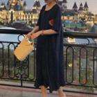 Elbow-sleeve Embroidered Knit Midi Dress