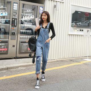 Ripped Fringed Denim Overall Pants Blue - One Size