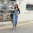 Ripped Fringed Denim Overall Pants Blue - One Size