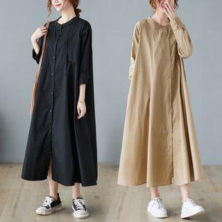 Long-sleeve Button-up Midi Shift Dress