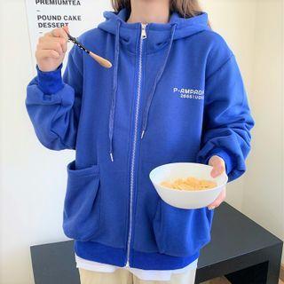 Loose-fit Long-sleeve Zip-up Lettering Hoodie