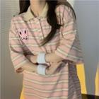 Elbow-sleeve Cartoon Embroidered Striped Polo Shirt Stripe - Pink - One Size