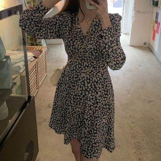 Floral Long-sleeve V-neck Mini A-line Dress