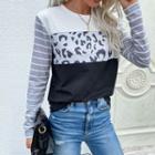 Leopard Print And Striped Paneled Long Sleeve Top