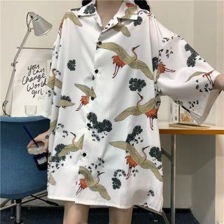 Elbow-sleeve Crane Print Oversize Shirt