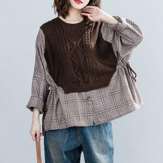 Mock Two-piece Knit Panel Plaid Shirt
