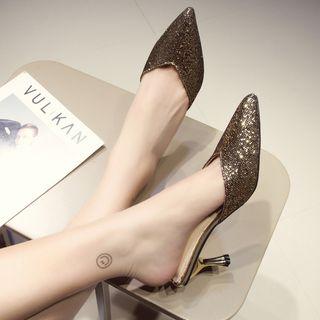 Pointed Sequined High Heel Mules