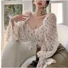 Long-sleeve Floral Print Chiffon Crop Top / Midi A-line Skirt
