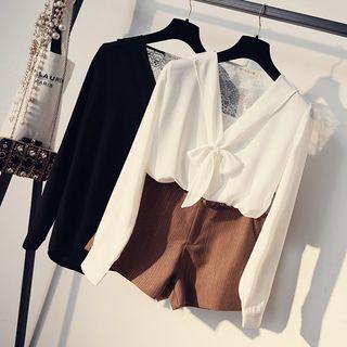 Bow Accent Lace Panel Chiffon Blouse