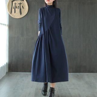 Long-sleeve Mock-neck Maxi A-line Dress
