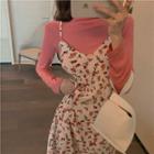 Mock-turtleneck Long-sleeve Top / Floral Print A-line Midi Pinafore Dress