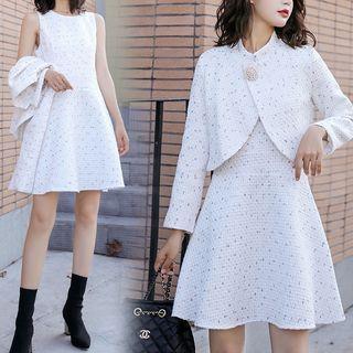 Set: Single Button Tweed Jacket + Sleeveless A-line Dress