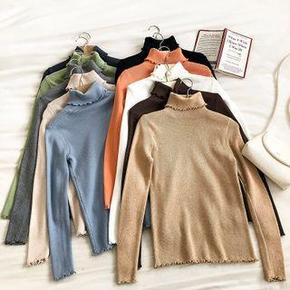 Plain Turtle-neck Ruffled-trim Long-sleeve Knit Top
