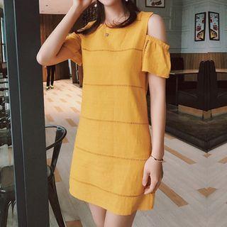Short-sleeve Cold-shoulder Embroidered Mini Dress