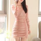 Puff-shoulder Shirred Bodycon Dress Pink - One Size