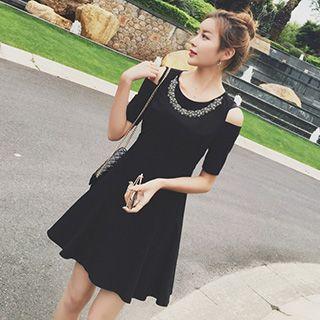 Embellished Cutout Shoulder A-line Dress