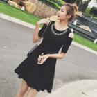 Embellished Cutout Shoulder A-line Dress