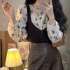 Set: Long-sleeve Floral Blouse + Knit Camisole Top