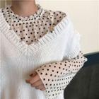 Heart-dotted Chiffon Blouse / Cap-sleeve V-neck Knit Top
