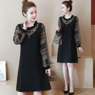 Plaid Long-sleeve Panel A-line Dress