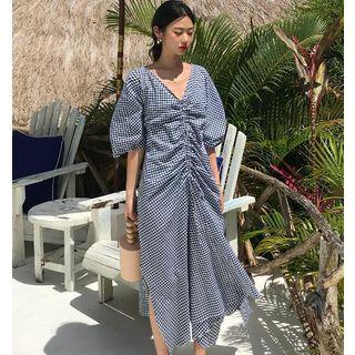 Dotted Collared Short Sleeve Dress As Shown In Figure - One Size