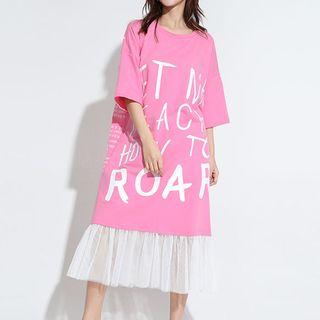 Mesh Hem Lettering 3/4 Sleeve T-shirt Dress